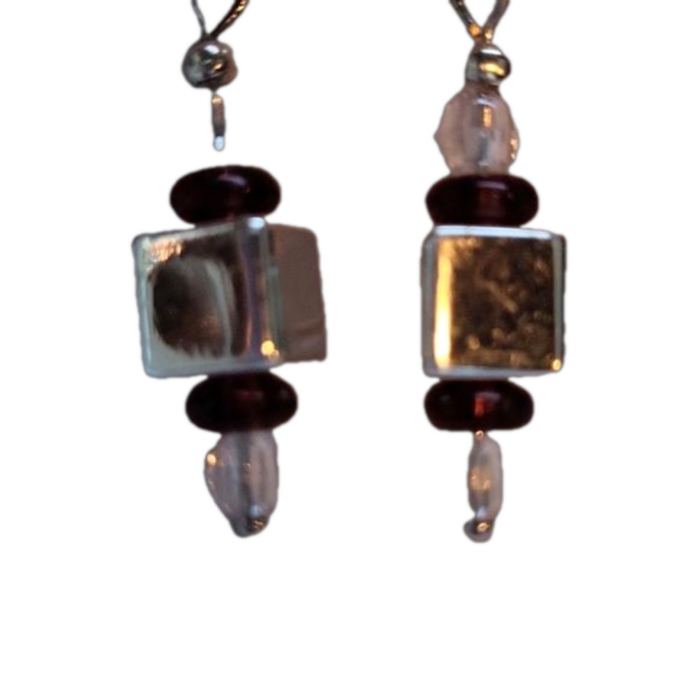 Handmade Bead and Silver Block Dangle French Wire Pierced Earrings - Picture 2 of 4